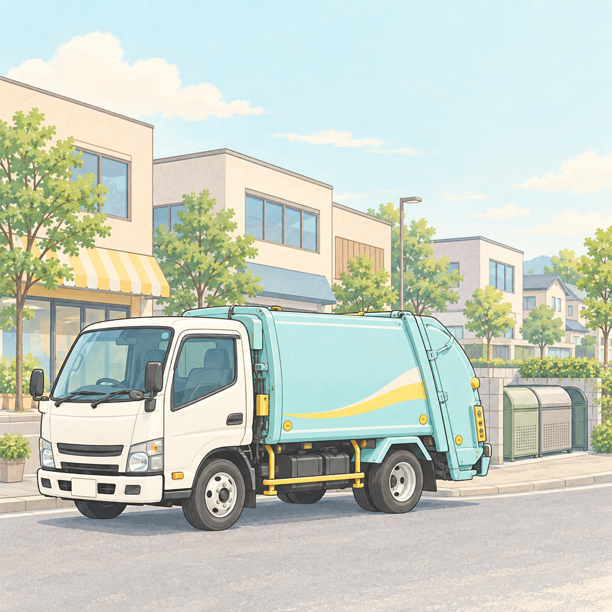 街の建物と水色の収集車を描いたイラスト