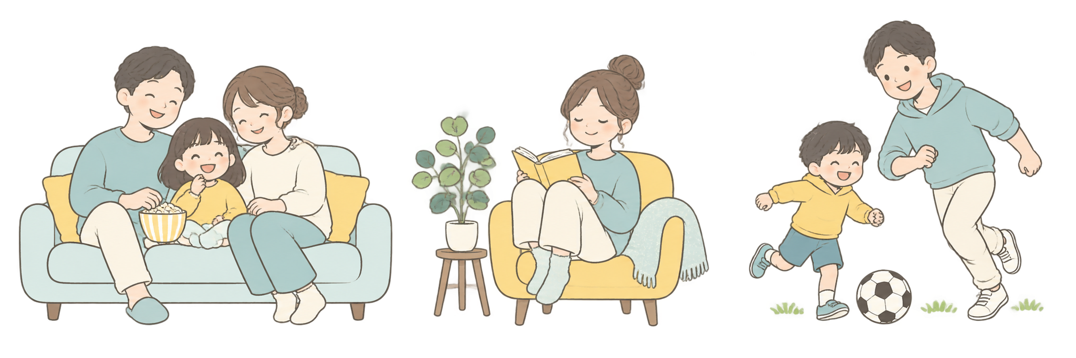 家族で映画鑑賞を楽しむ様子、読書をする人、親子でスポーツを楽しむ様子のイラスト