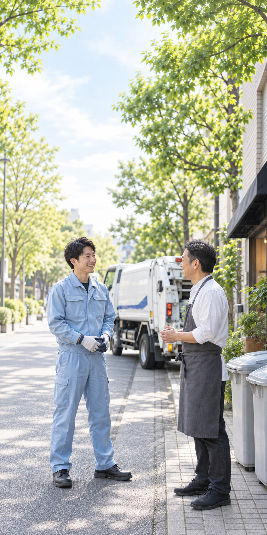 収集車のそばでお客様と笑顔で話すドライバーのイメージ