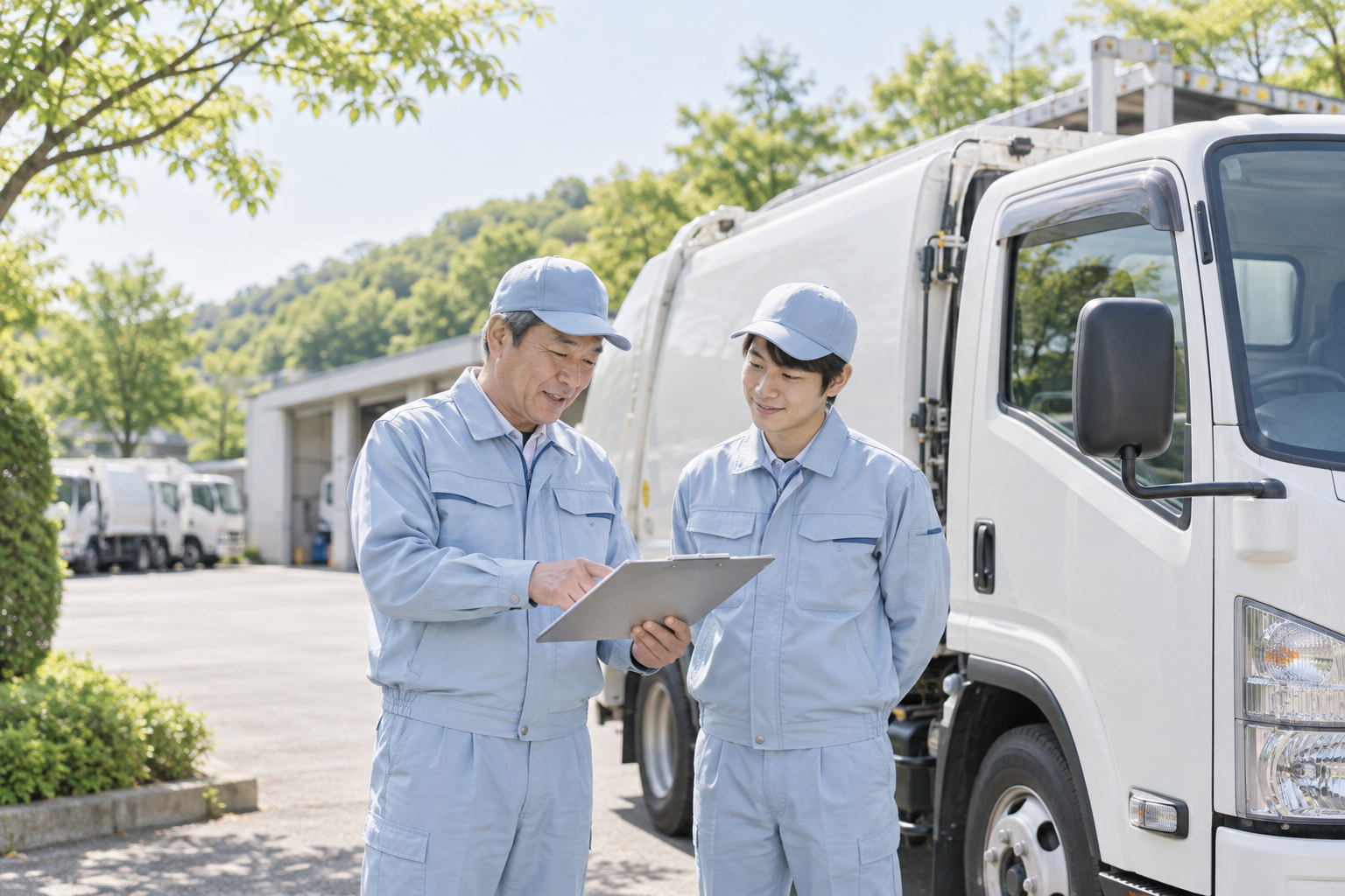 先輩と収集車の点検を学ぶドライバーのイメージ